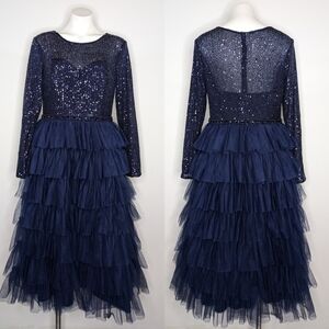 Mac Duggal Blue Long Sleeve Crew Neck Gown